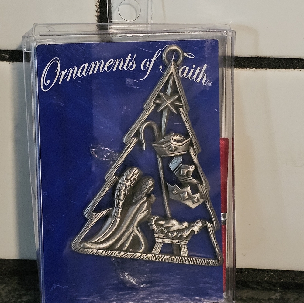 Ornaments of Faith Nativity Tree Pewter Christmas Ornament with Red Ribbon NIP